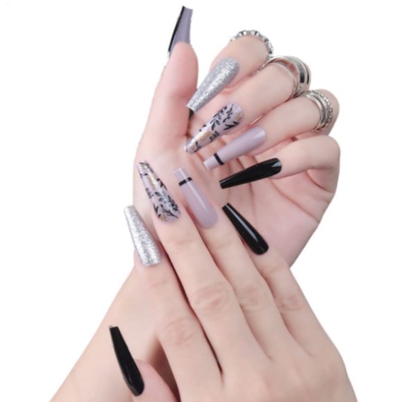 Glossy Long Coffin Black Silver Press on Nails Fake Nails False Nails Tips for W - Picture 1 of 5